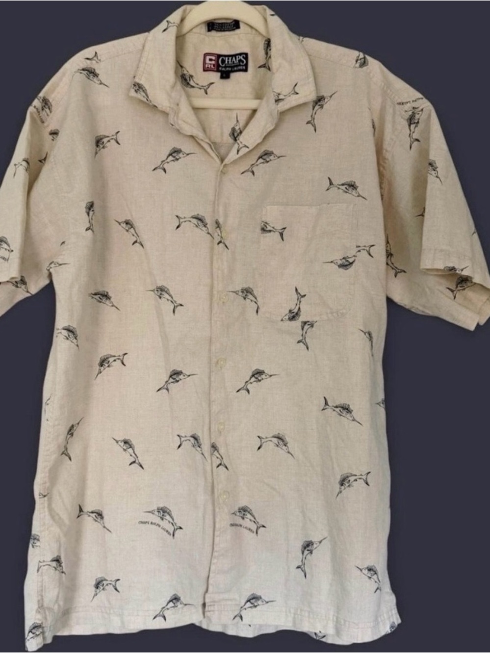 Chaps Ralph Lauren Linen Blend Swordfish Print Short Sleeve Button Up (Large)